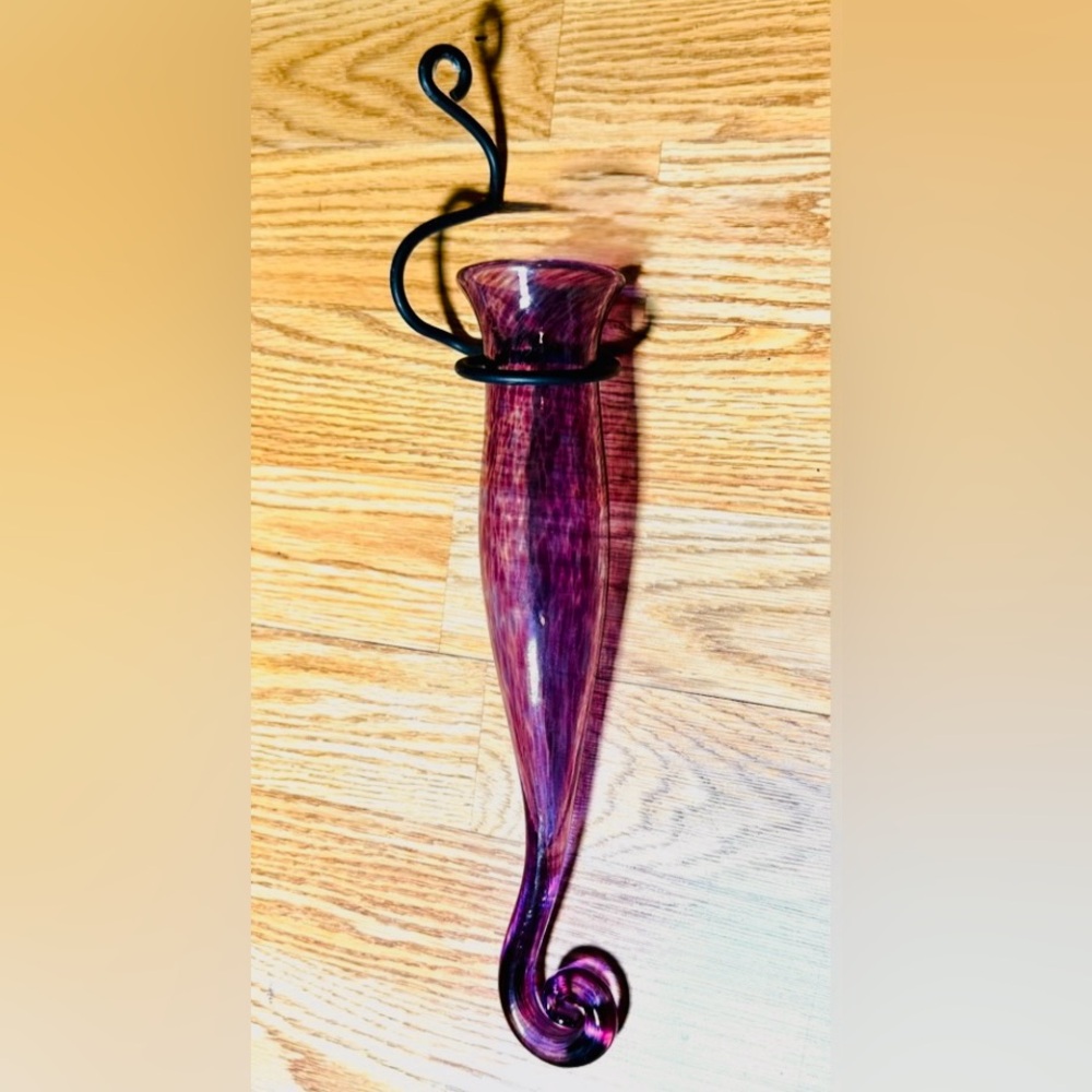 Sun Catcher, Long, narrow, hanging bud vase in removable wrought Iron holder - Picture 2 of 4